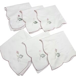 Vintage‎ Embroidered Rose Satin Cloth Napkins Set 6 Scalloped Edges Dinner Party
